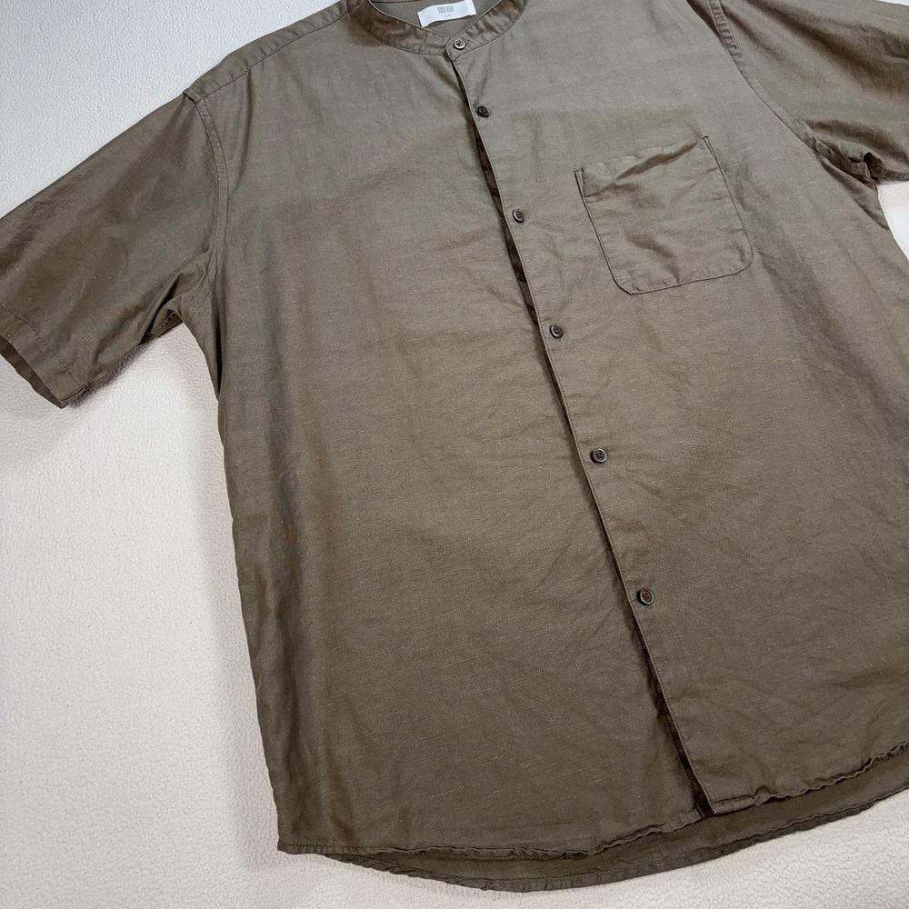 Uniqlo Linen-Cotton Shirt Mens L Olive Green Stand Collar Pocket Resort Vacation - Picture 6 of 13